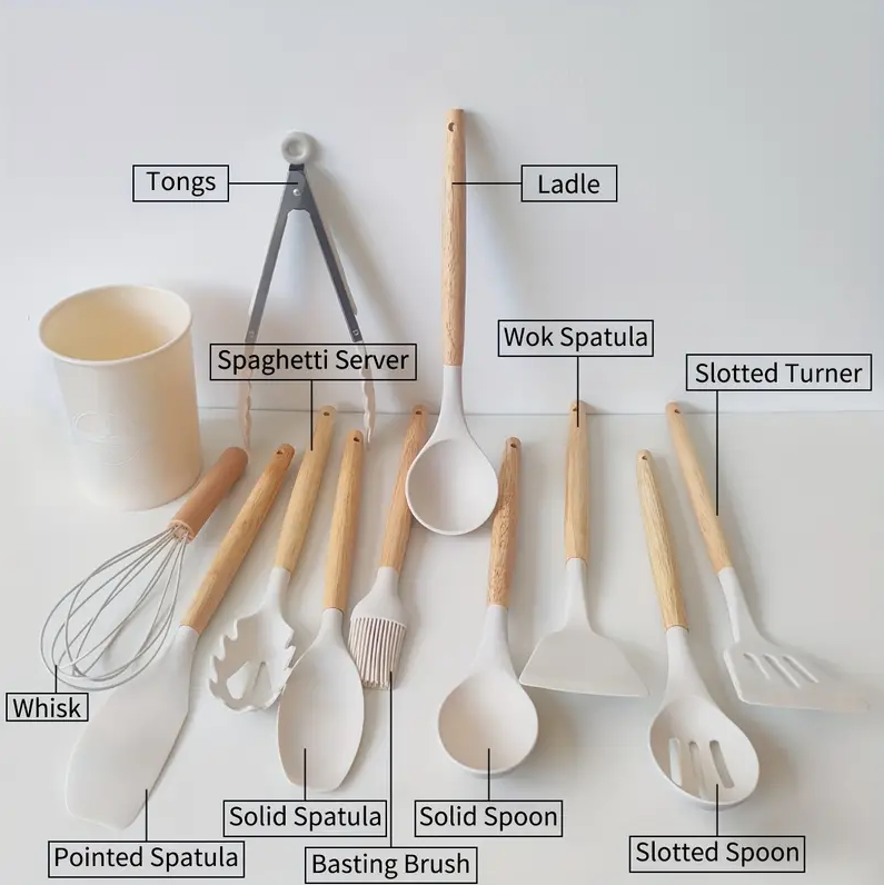 12pcs Silicone Kitchen Utensil Set with Wooden Handles - Heat Resistant, Multi-Functional Cooking Tools for Home Use