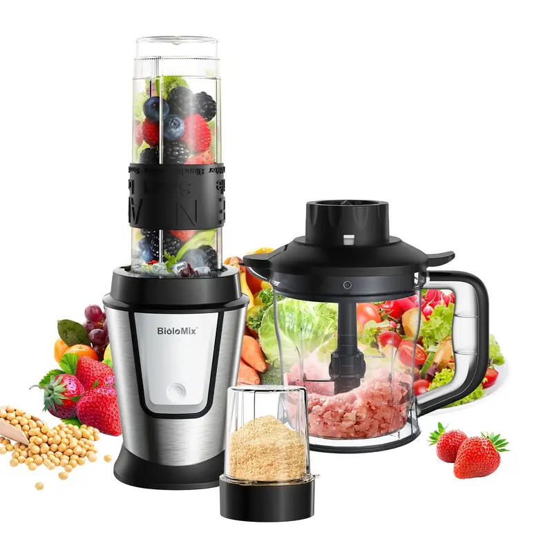 BioloMix 3-in-1 Blender - 700W Smoothie Maker, Portable Mixer, Food Chopper & Grinder - Perfect for Healthy Meal Prep and On-the-Go Convenience