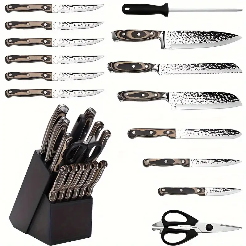 Japanese High Carbon Stainless Steel Knife Block Set, 15 Piece Kitchen Knife Set, Knife Set With Wooden Knife Block, Ultra Sharp, Irregular Hammer Grain