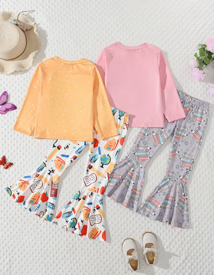 Girls 2 Sets Cute Outfit, Cartoon Pencils Graphic Print Long Sleeve T-shirts & Bell Bottom Pants For Spring & Fall, Perfect Outfit For School Girls