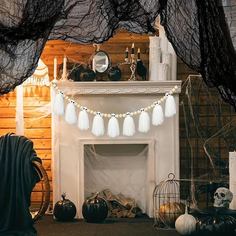 Handmade Halloween Ghost Tassel Garland Banner – 100% Polyester Yarn, Ideal for Festive Party & Room Decor, Wall Hanging, Multipurpose Use – Fits Any Occasion, Halloween Theme, Electricity-Free Decoration