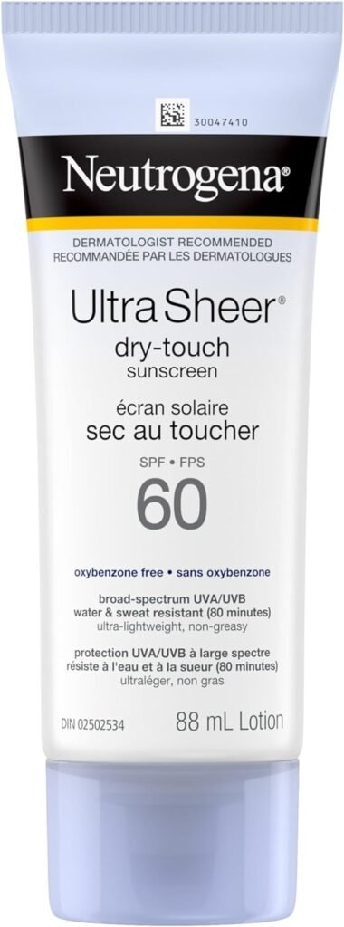 Neutrogena Ultra Sheer Dry-Touch Sunscreen Lotion, Broad Spectrum SPF 60 UVA/UVB Protection, Oxybenzone-Free, Light, Water Resistant, Non-Comedogenic & Non-Greasy, 88 mL