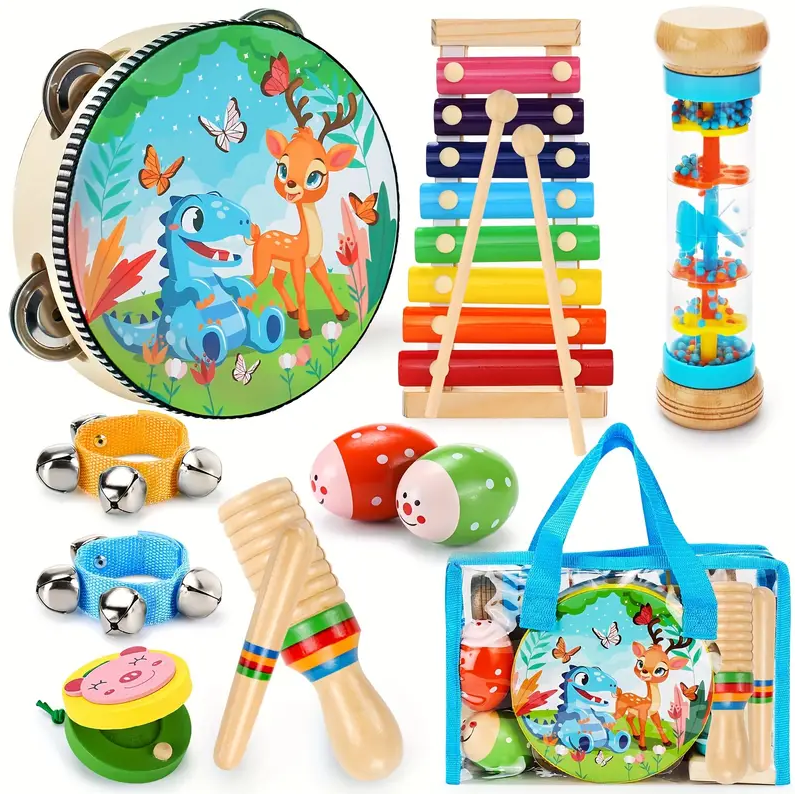 OATHX Music Toys, Learning Toys, 12pcs Musical Instrument Set Wooden Xylophone Drum bell Toys