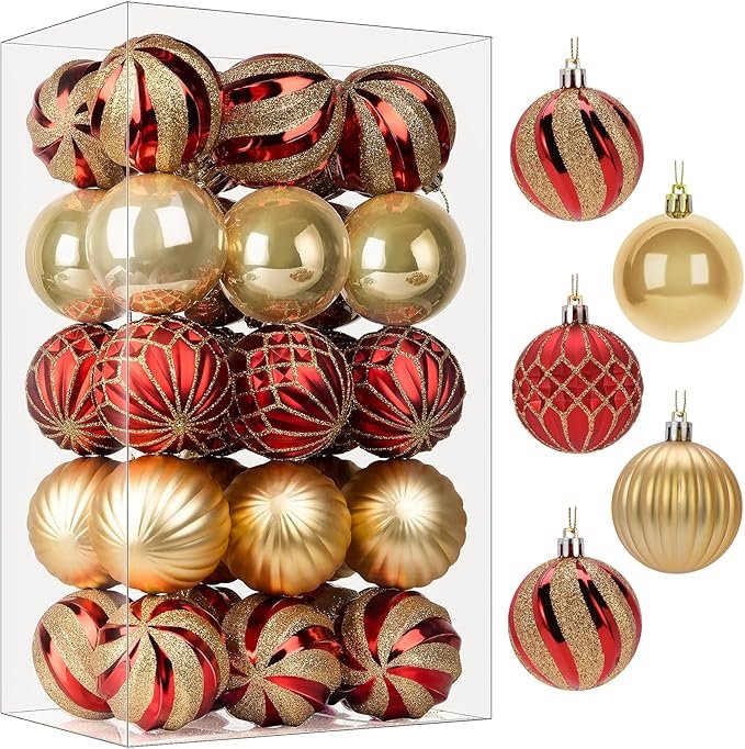 Shatterproof Christmas ball ornaments in various colors and finishes hanging on a festive tree.