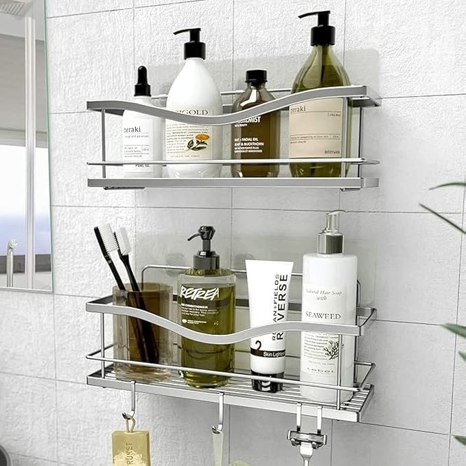 Heavy Duty Shower Shelf holding shampoo, soap, and other bathroom essentials in a modern shower