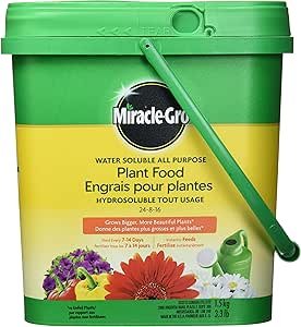 Miracle-Gro Water Soluble All Purpose Plant Food bag with vibrant garden image