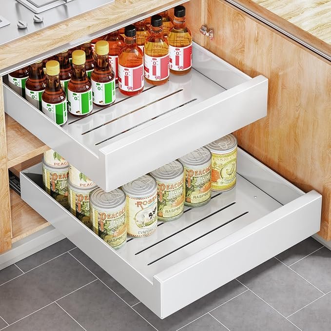 Peel and Stick Pull-out Drawer installed in a kitchen cabinet, optimizing storage space