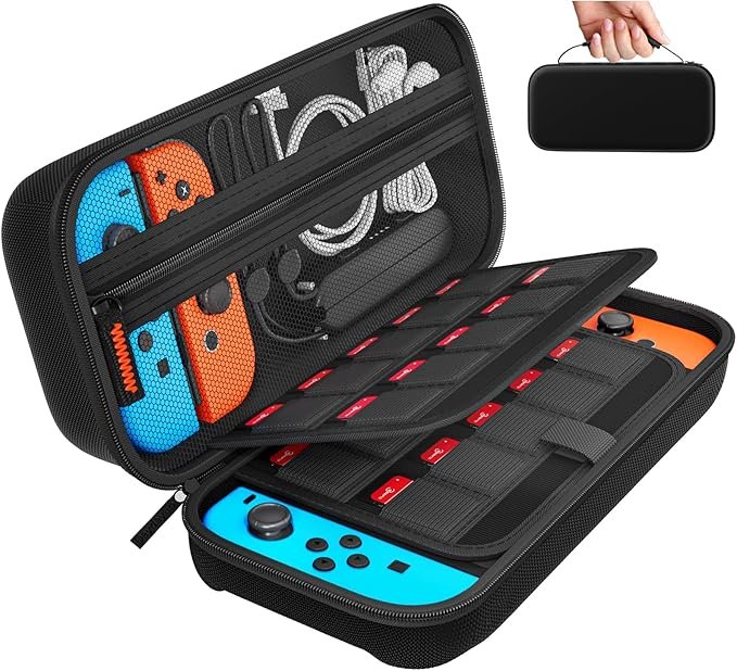 A black Switch carrying case with the Nintendo Switch logo