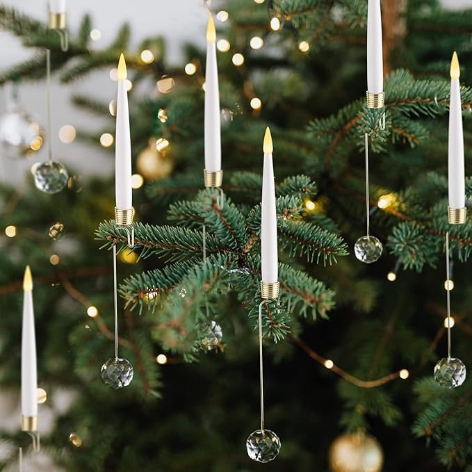 A set of Christmas tree-shaped flameless candles glowing on a Christmas tree