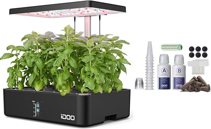 The iDOO Indoor Herb Garden Kit sitting on a windowsill with fresh herbs growing in the pods