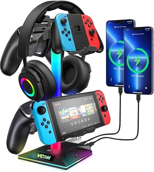 VCOM RGB Gaming Headphones Stand with colorful light modes and USB charging ports