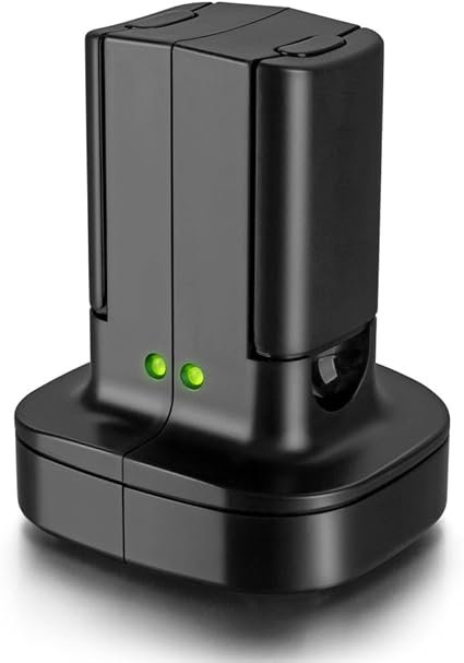 Xbox 360 rechargeable battery packs charging on a dual charging dock