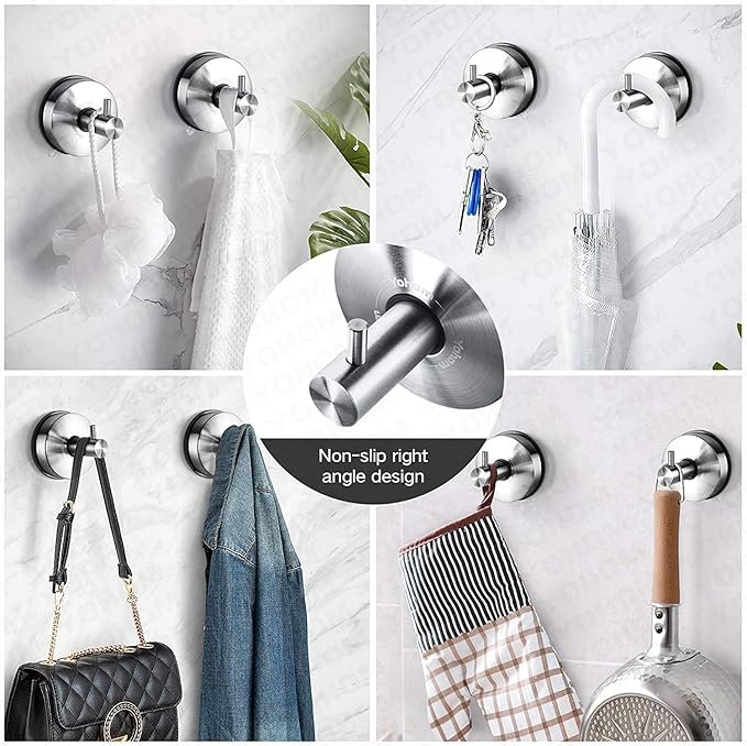 No Screw Suction Hook holding accessories in a modern bathroom