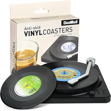 A set of six retro vinyl record coasters with a vinyl player holder