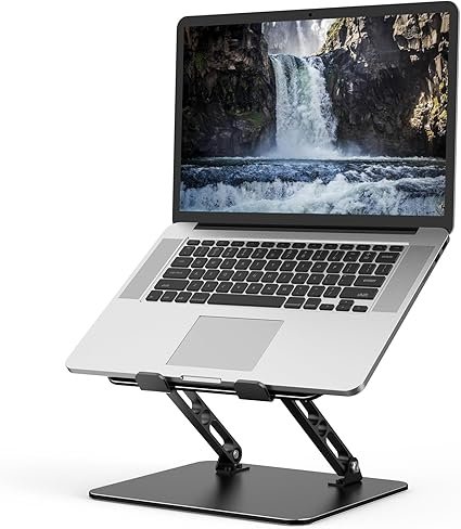 An adjustable laptop stand holding a laptop on a desk, angled for comfort