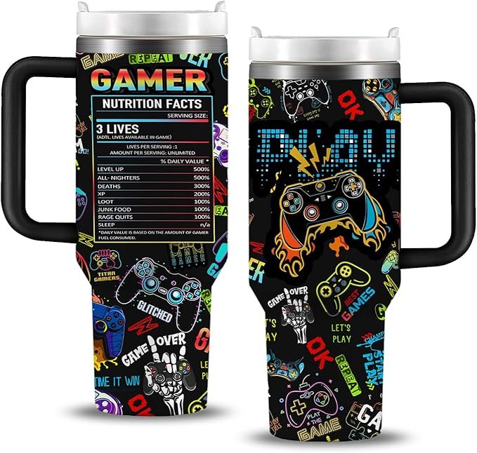 Gaming nutrition facts mug tumbler, perfect for gamers who need a drink during long gaming sessions