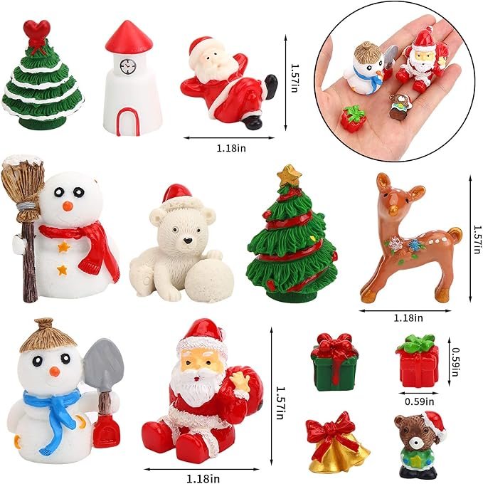 Miniature Santa, reindeer, and elf figurines set on a Christmas tree