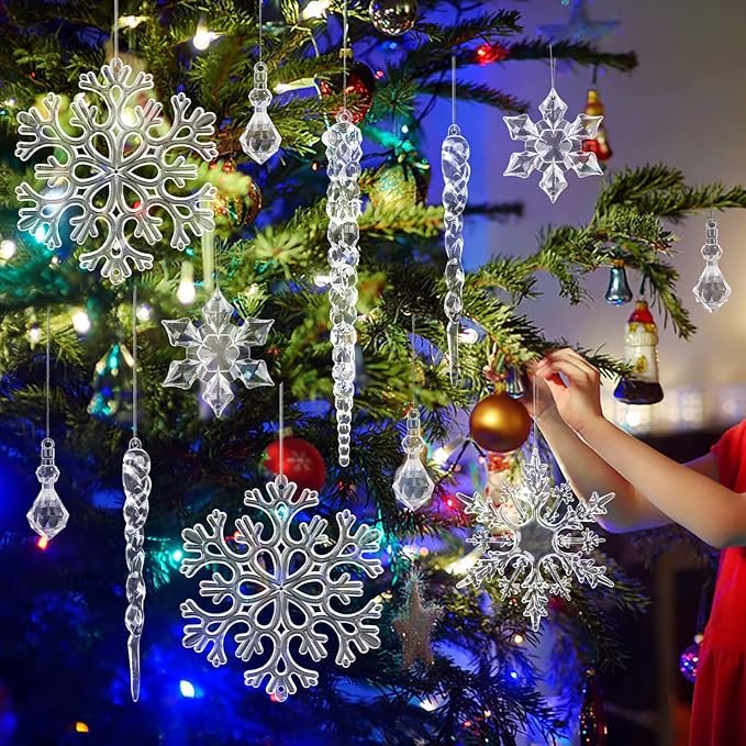 Christmas snowflake ornament hanging on a beautifully decorated tree