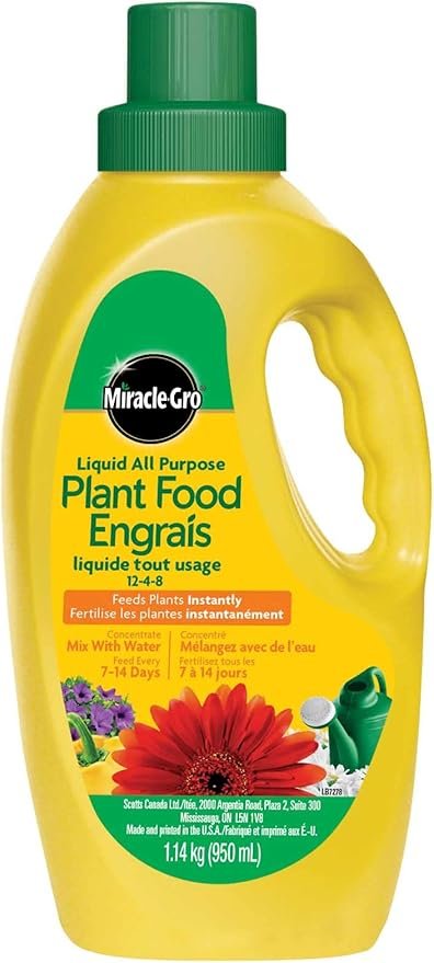 Miracle-Gro Liquid All Purpose Plant Food bottle with simple instructions