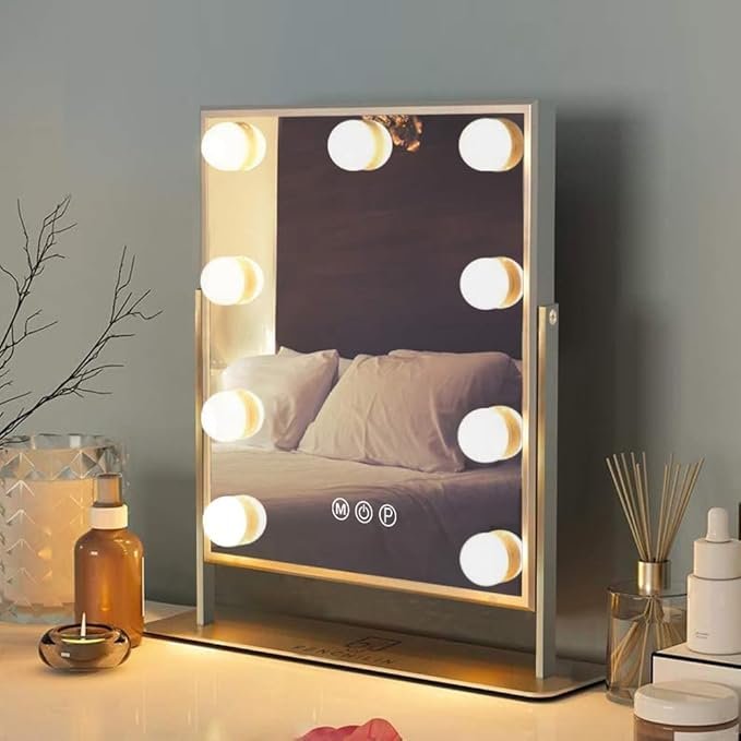 A sleek compact mirror with soft LED lights illuminating a makeup counter