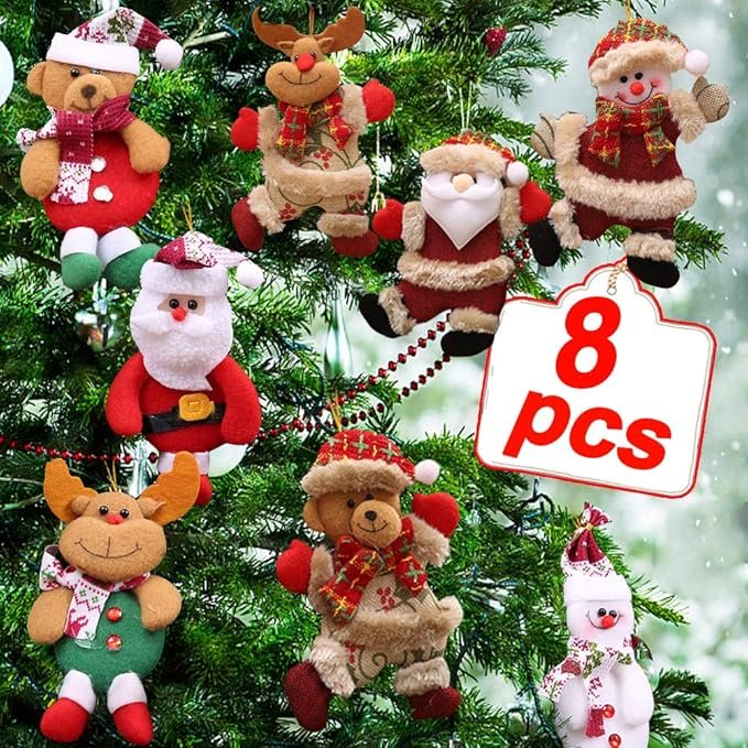 Plush Santa and snowman ornaments nestled among Christmas tree branches