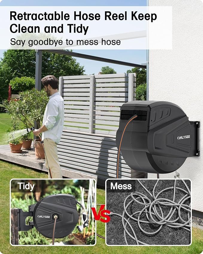 Retractable Garden Hose Reel,5/8" x 100ft Garden Hose Reel Wall Wounted,Self-Locking System/Auto Rewind/Wall loumted/180 Swivel Bracket/Multi-Function Spray Nozzle for Garden Lawn Garage Watering